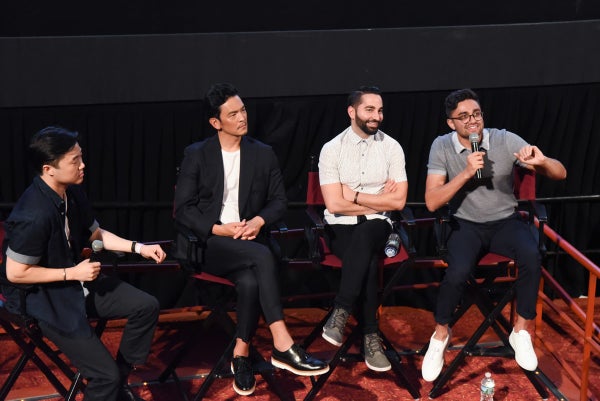 A photo of John Cho, star of "Searching", along with writer Sev Ohanian and writer/director Aneesh Chaganty